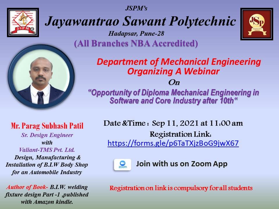 Webinar on “Opportunities of diploma mechanical engineering in software and core industries after 10th"
